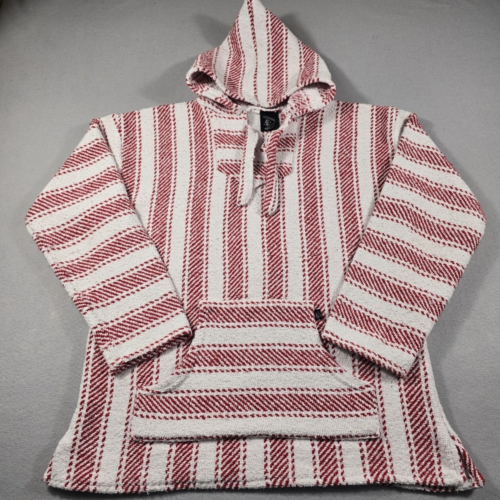 Baja Billy's Mens L Red White Hoodie Baja Pullover Mexican Blanket Striped Woven